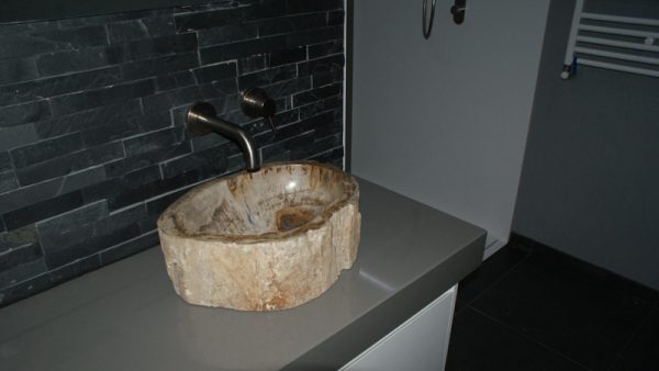 Wastafel van versteend hout bij Marcus Bderbee